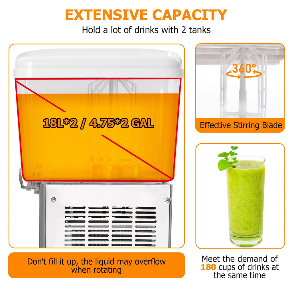280W Commercial Beverage Dispenser,2 Tanks 9.5 Gallon 36L Commercial Juice Dispenser,18 Liter Per Tank With Thermostat Controlle