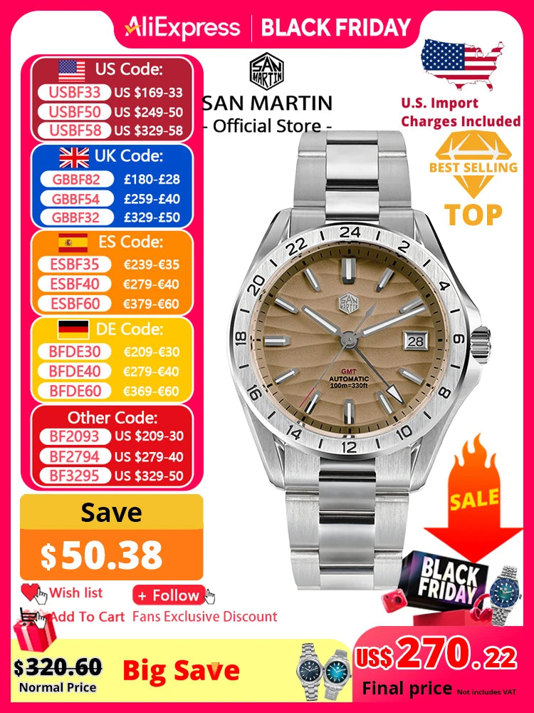 San Martin New 39mm Desert Texture Luxury Men Watch NH34 GMT Automatic Mechanical Business Dress Sapphire 10Bar Luminous SN0129