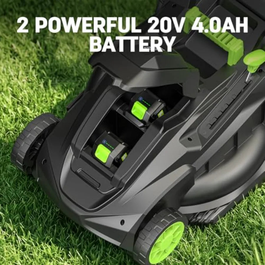 Lawn mower combo for residential use, brushless electric motor, black and gray, 40V dual-battery power with extended runtime an
