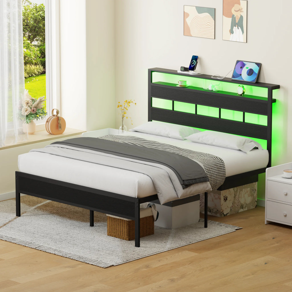 Satifur Full/Queen Size Bed Frame with LED Light and Charging Station, Wood Storage Headboard with 2-Tier Shelves,Metal Platform