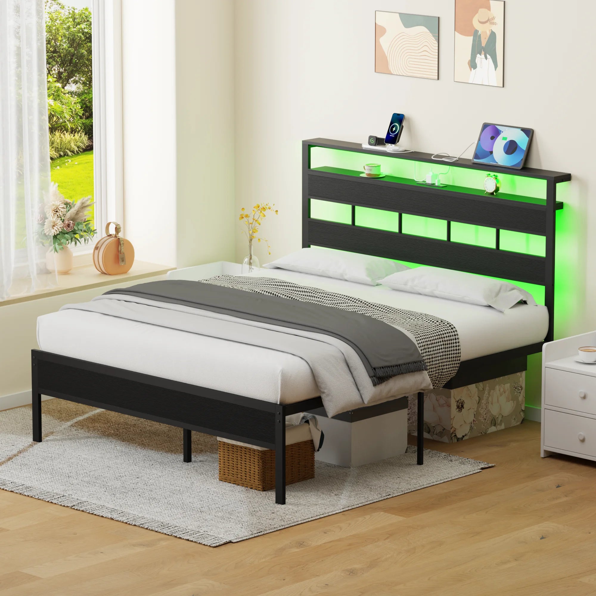 Satifur Full/Queen Size Bed Frame with LED Light and Charging Station, Wood Storage Headboard with 2-Tier Shelves,Metal Platform