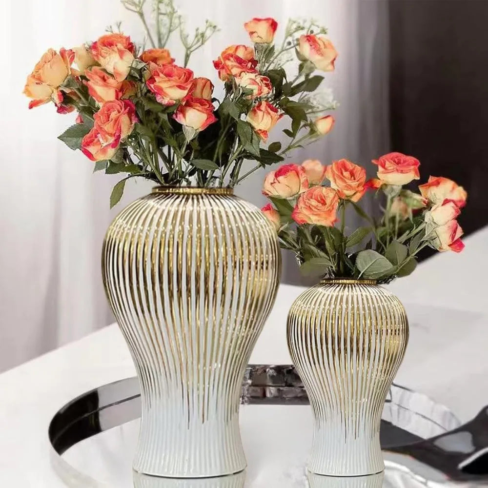 Large Handmade Porcelain Vase with Lid, White Gold Ceramic Decorative Flower Vase for Home Living Room Decor