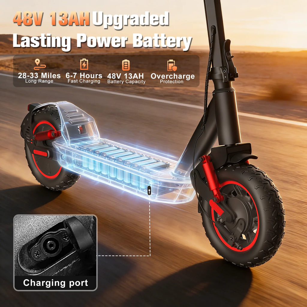 Electric Foldable Scooter 30 MPH Fastest Dual Motor for Adult Scooter 1200W Peak 33Mile Long Range 10" Off-Road Tires 48V 13ah