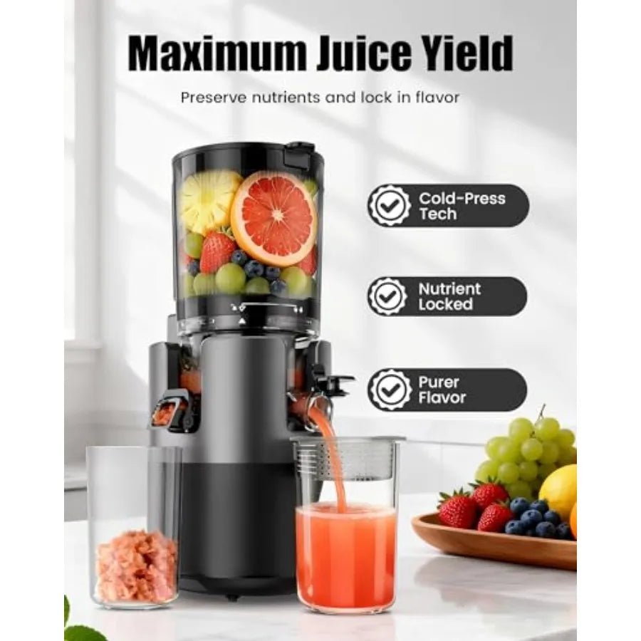Cold Press Juicer for Home Use, Stainless Steel BPA-Free Plastic, Black, 6 Wide Chute, 90oz Capacity, High Juice Yield, Quiet O