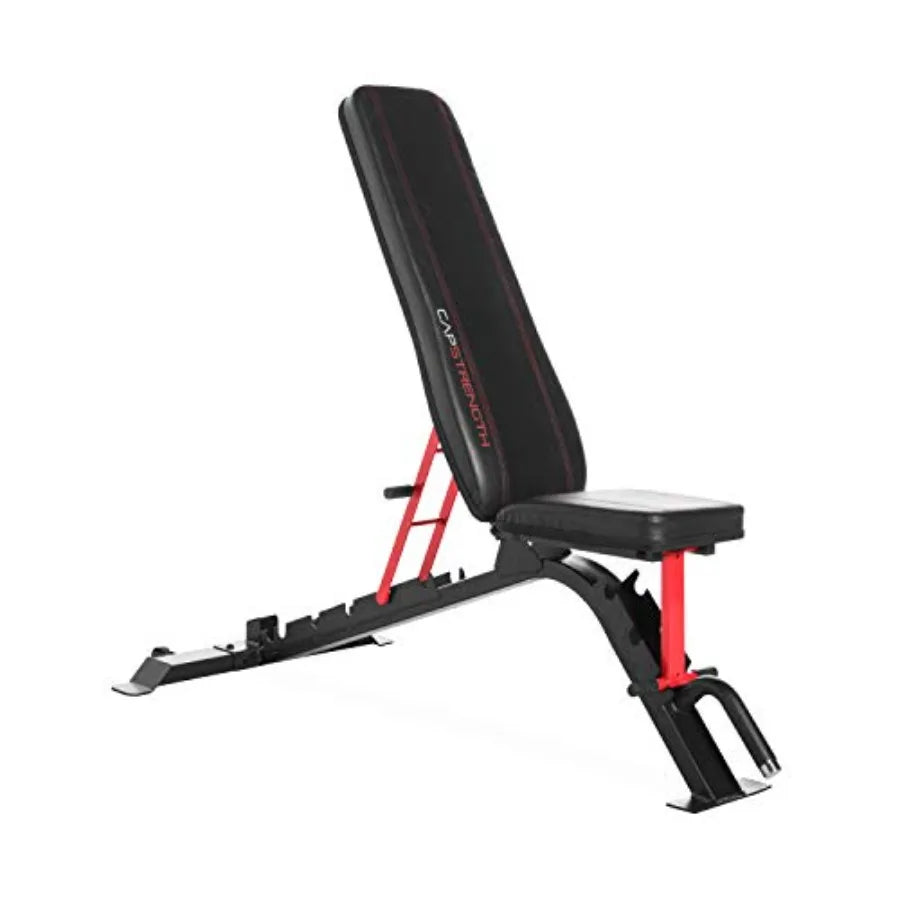 Strength FID Workout Bench for Flat Incline Decline Positions in Black/Red with Durable Steel Frame and Adjustable Backrest