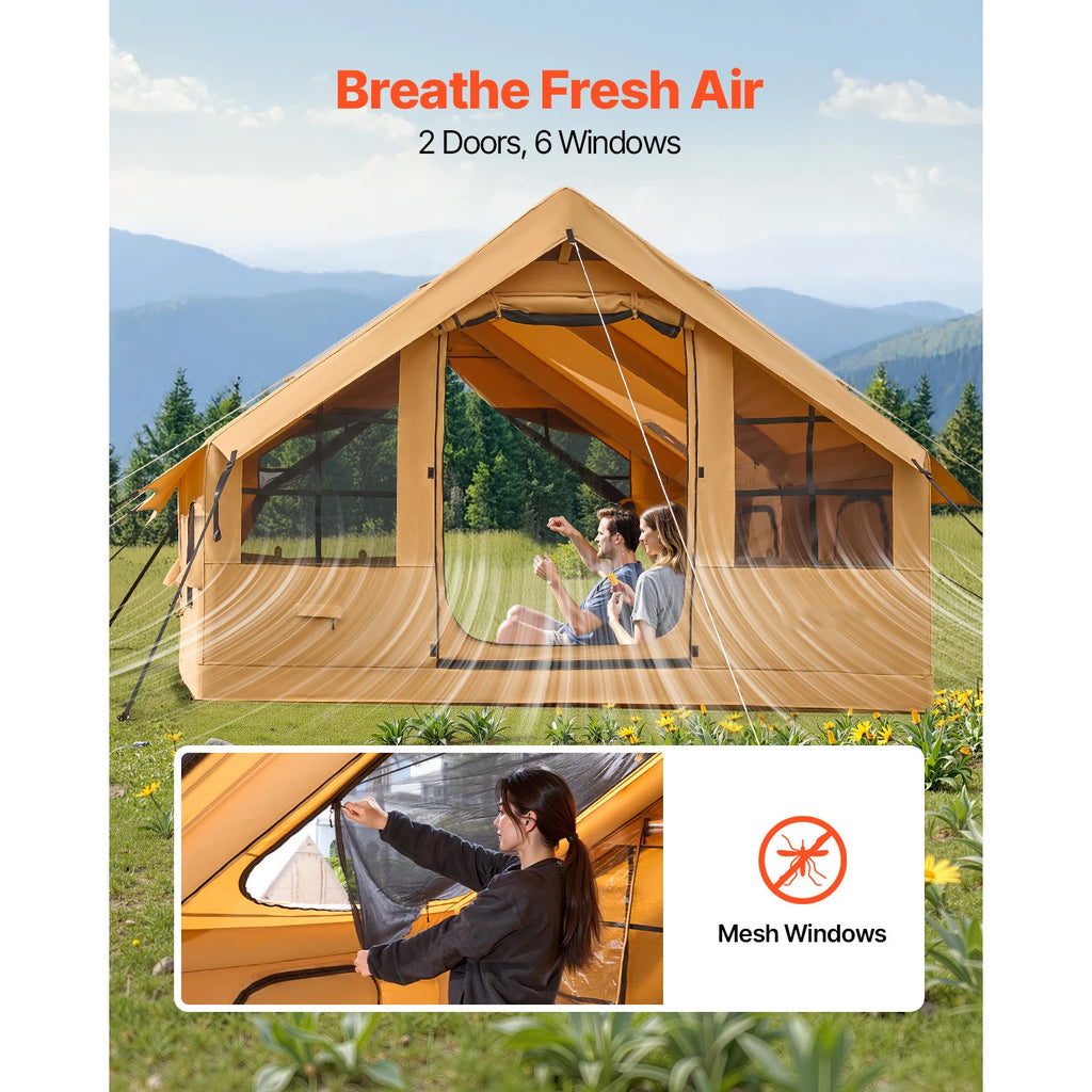 VEVOR Inflatable Tents for Camping Easy Setup Blow up Tent with Hand Pump Glamping Tent with Skylight Stove Jack & Mesh Windows