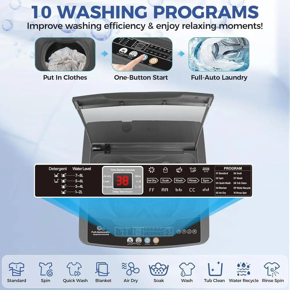 Compact 20LB Portable Washer with Drain Pump, 2.8 Cu.ft, 10 Programs & 8 Water Levels for Laundry on the Go