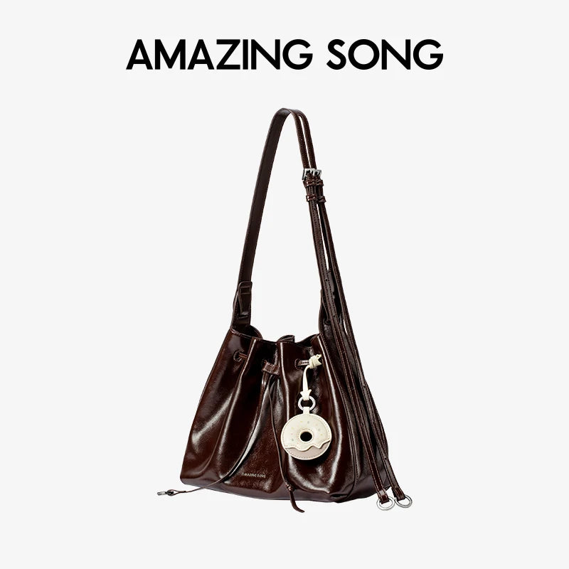Amazing Song Donut Drawstring Bucket Bag Women's Diagonal Package Autumn Faux Suede 2025 New Original Design Women's Fashion Bag