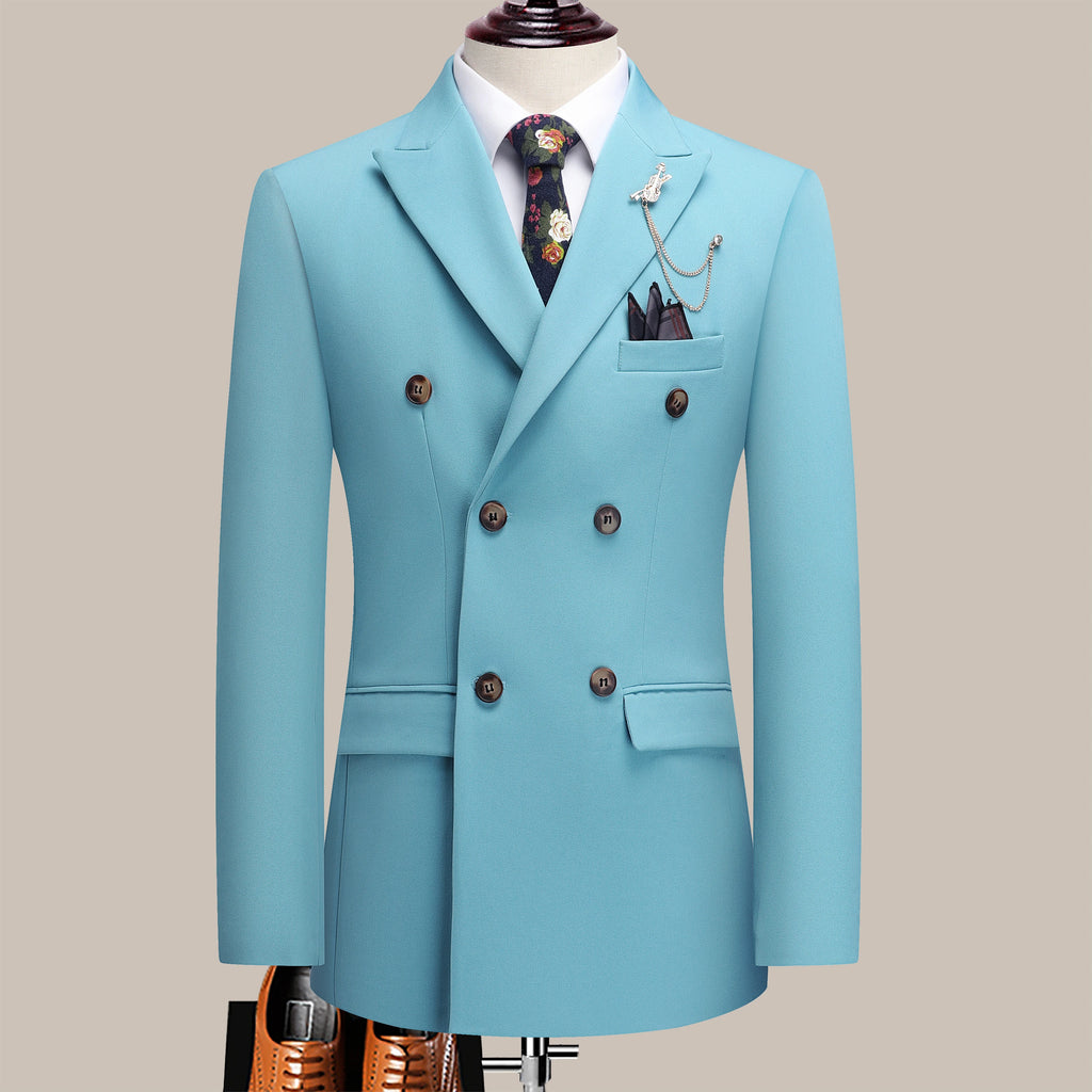 The latest men's solid color suit two-piece set with lapel collar and double breasted buttons for four seasons, men's business s