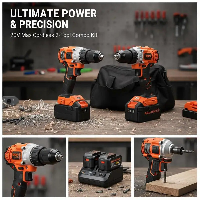 Electric Power Tool Set 20V Max for Home Maintenance Workshop Projects Construction Site 1/2 in Drill 1/4 in Driver 4.0 Ah Batteries Screws Charger Cloth Bag