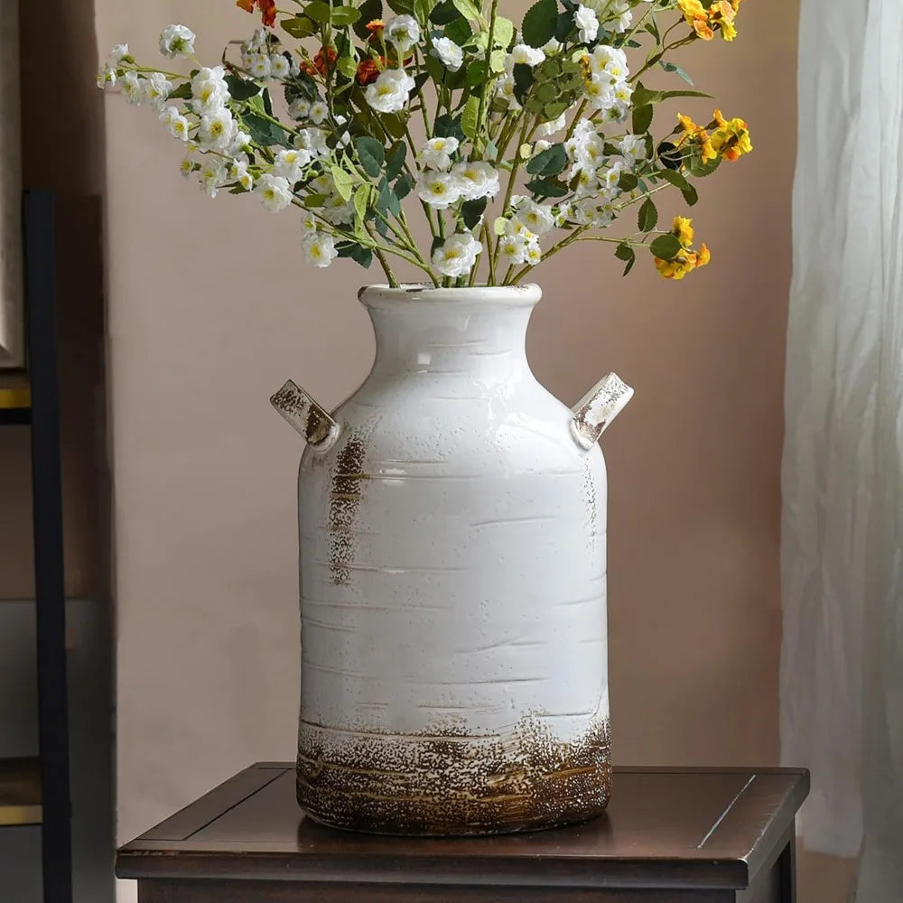 Ceramic Rustic Farmhouse Vase, 14 Inch Distressed Decorative Flower Vase for Home Decor, Large White Vase for Living Room