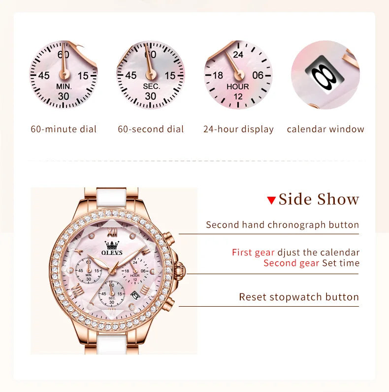 OLEVS 9999 Women Watch Brand Original Elegant Waterproof Chronograph Luxury Ceramic Dress Pink Women Quartz Watch Reloj Mujer