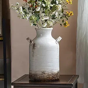 Ceramic Rustic Farmhouse Vase, 14 Inch Distressed Decorative Flower Vase for Home Decor, Large White Vase for Living Room