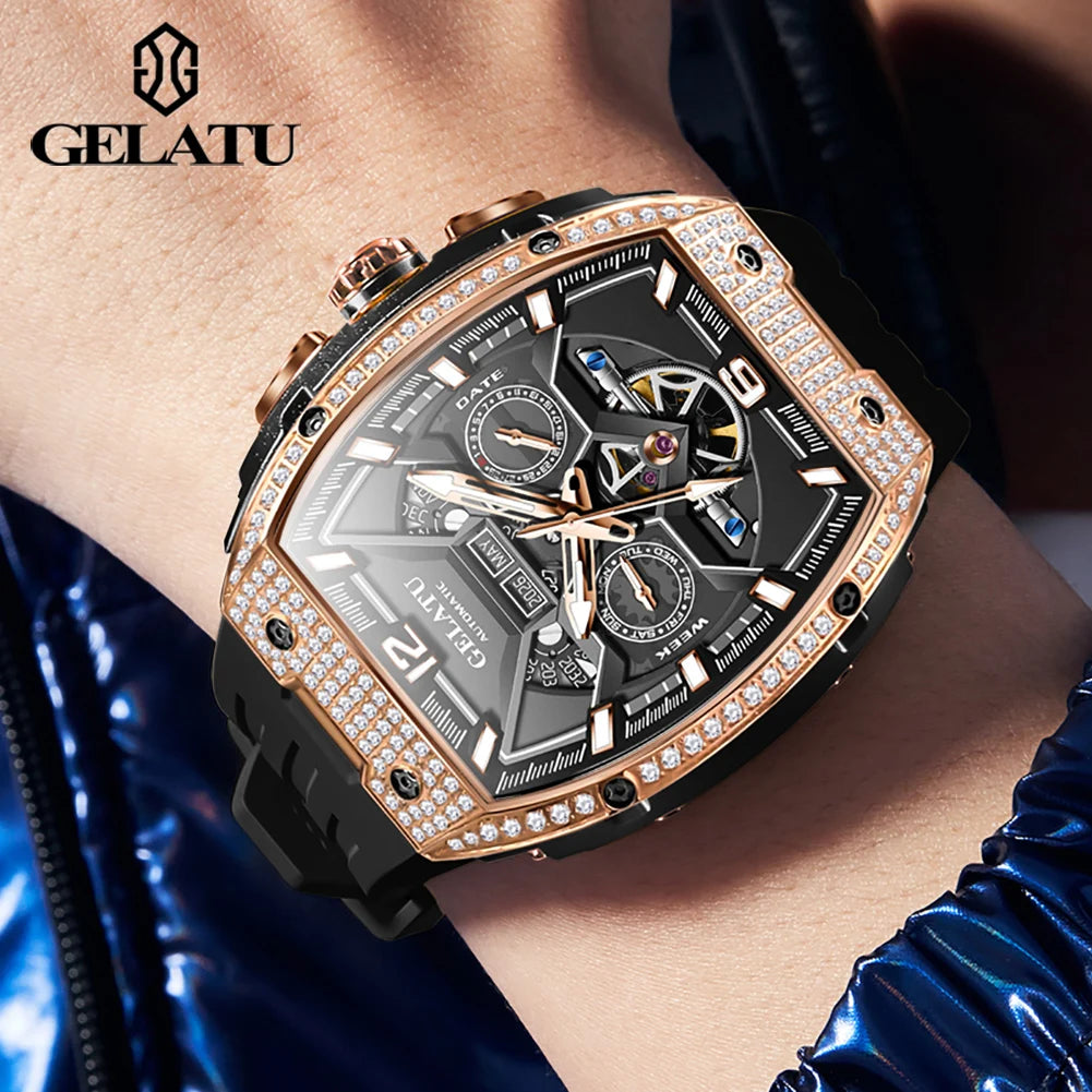 GELATU 6016 Skeleton Flywheel Automatic Men Watch Original Waterproof Silicone Strap Luxury Brand Diamond Men Mechanical Watch