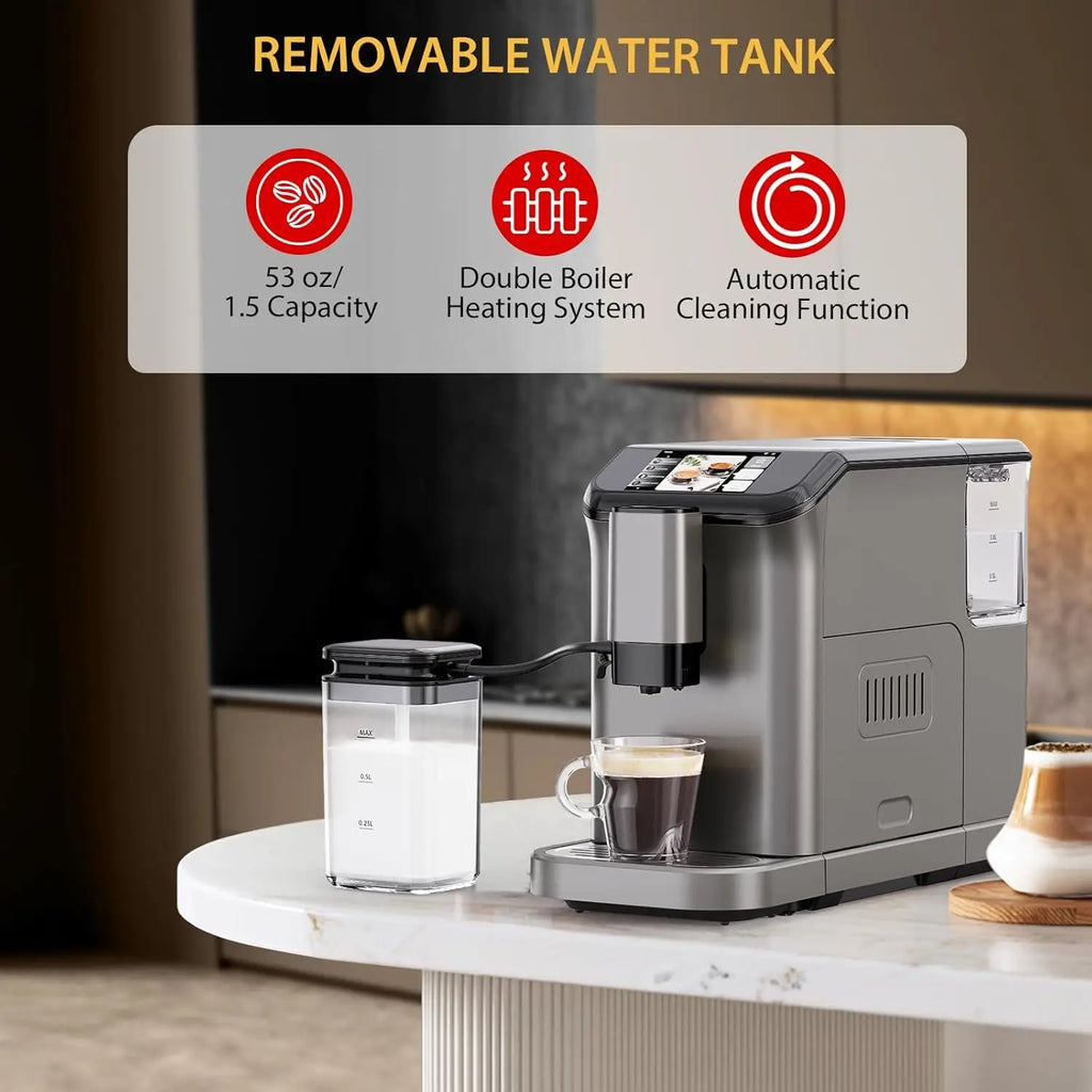 20 Bar Fully Automatic Coffee Maker Machine with Grinder & Auto Milk Frother, 6 Presets, LCD Touch Screen, Auto-Clean, 53oz Water Tank, 120V for Home Office Coffee Shop