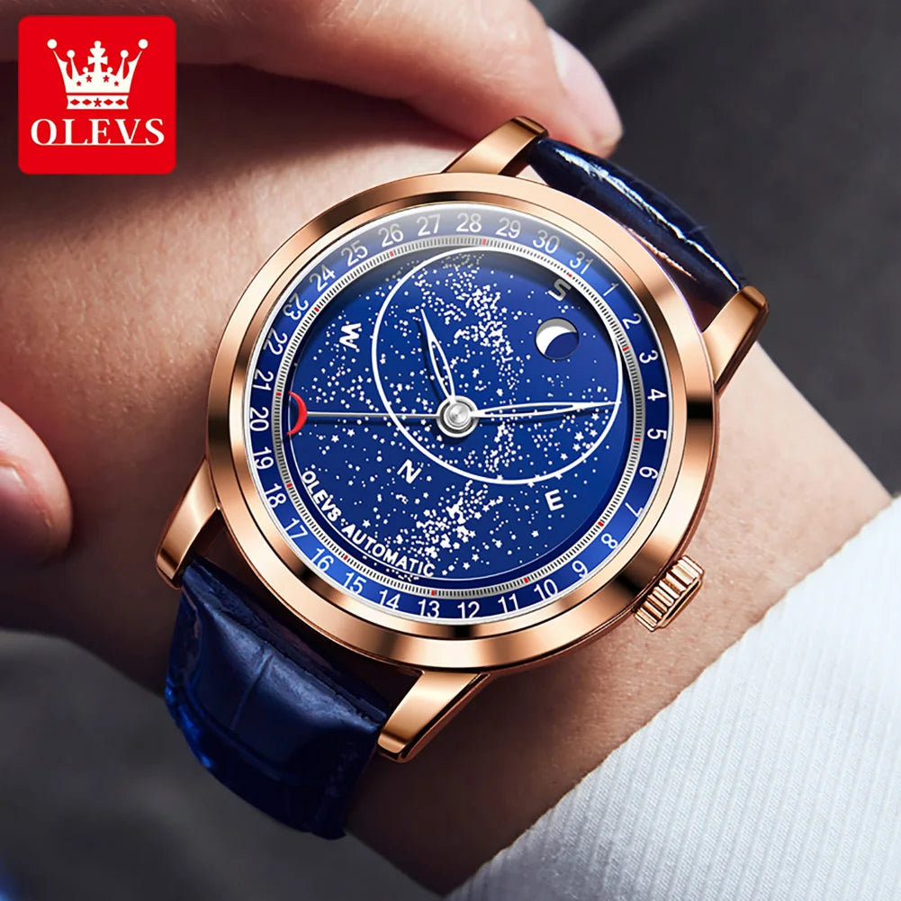 OLEVS Men's Watches Moon Phase Automatic Mechanical Watch for Man Blue Leather Luxury Dress Waterproof Luminous Wristwatch