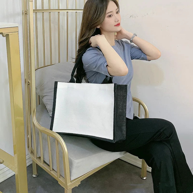 Black/White Women Girl DIY Blank Grocery Handbag Large Capacity  Foldable Travel Storage Organizer Jute Burlap Tote Bags