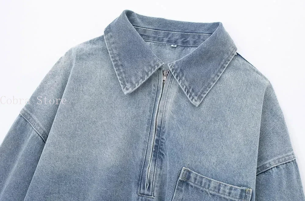 Women's Long Sleeve Denim Mini Dress with Pocket, Lapel Collar, Front Zipper, Oversized Dresses, Female Fashion