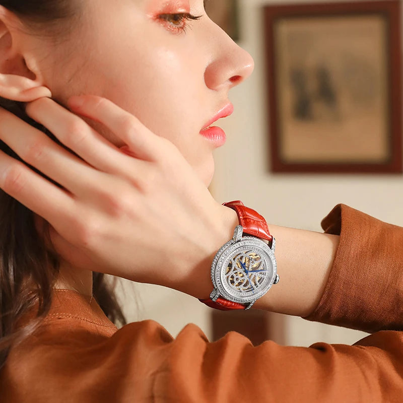 Luxury Mechanical Women Watches Brand Diamond Case Skeleton Elegant Leather Strap Waterproof Ladies Wristwatch Girls Dress Watch