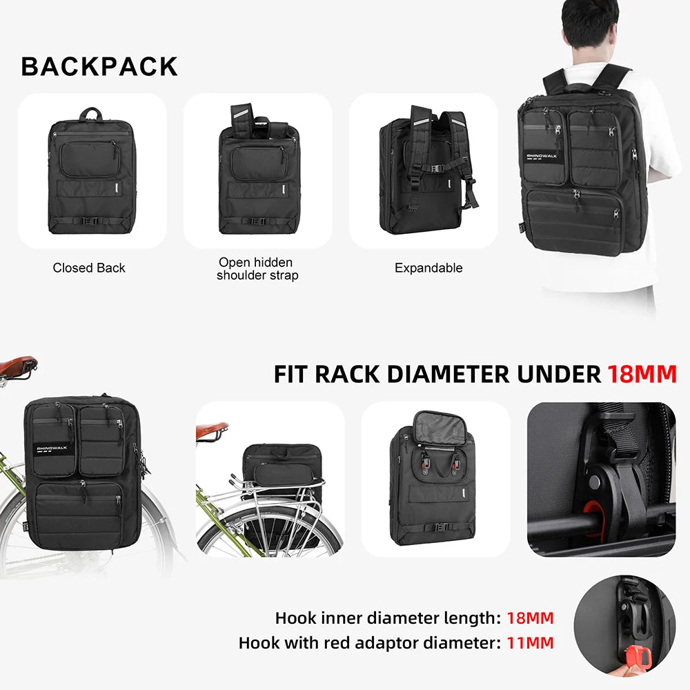 Rhinowalk Bicycle Bag 25L Bike Saddlebag Multifunction Outdoor Riding Backpack Shoulder Bag Big Capacity Luggage With Raincover