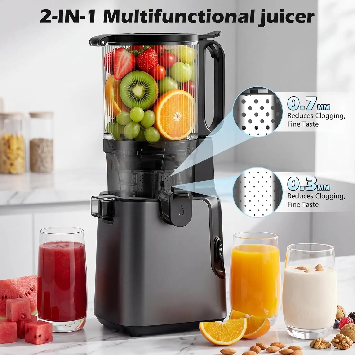 2-in-1 Cold Press Juicer, 5.8" Wide Chute, 400W Masticating Juicer for Whole Fruits & Veggies, Easy Clean, Nut Milk & Juice