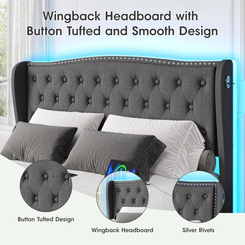 Vabches Queen Size LED Bed Frame with Storage Drawers and Charging Station, Upholstered Platform Bed Frame with Wingback Headboa