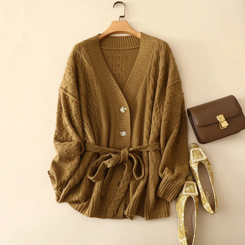 Naizaiga 100 cashmere pink white V-neck hollow reglan sleeve long sleeve winter Women cardigans jacket female sweater ,KSN191