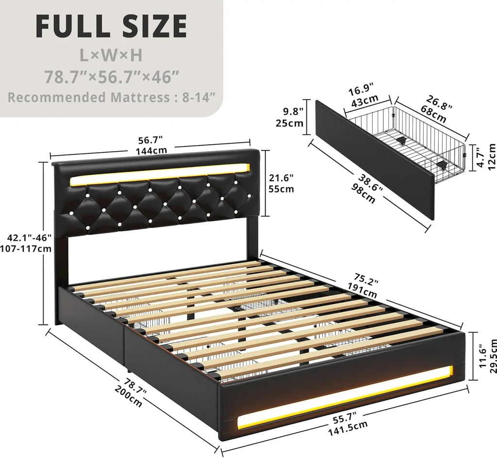 LIKIMIO Full Size Bed Frame with LED Light, PU Leather Platform Bed Frame with 4 Drawers, No Box Spring Needed, Black