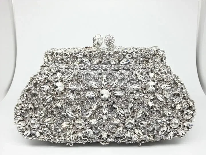 Boutique De FGG (in stock) Flower Crown Clutch Silver Crystal Evening Handbag Women Party Prom Bag Bridal Clutches Wedding Purse