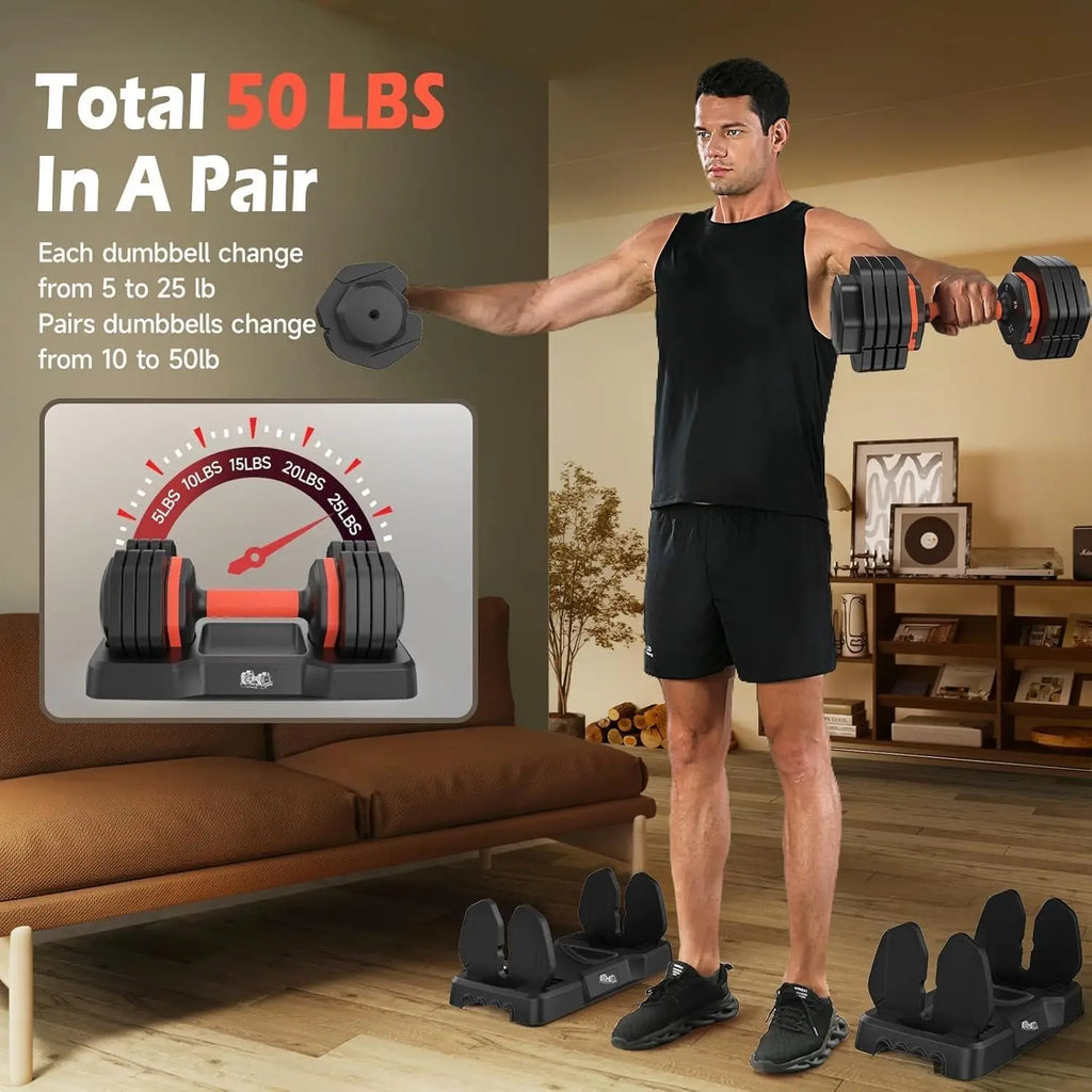 FEIERDUN Adjustable Dumbbells Set, 5LB to 25LB Dumbbell Pair,Home Gym 50lbs, Anti-Slip Handle for Exercise Equipment
