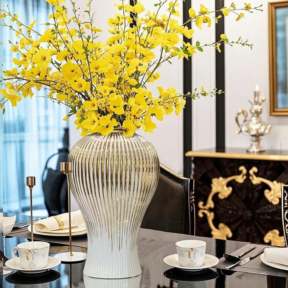 Large Handmade Porcelain Vase with Lid, White Gold Ceramic Decorative Flower Vase for Home Living Room Decor