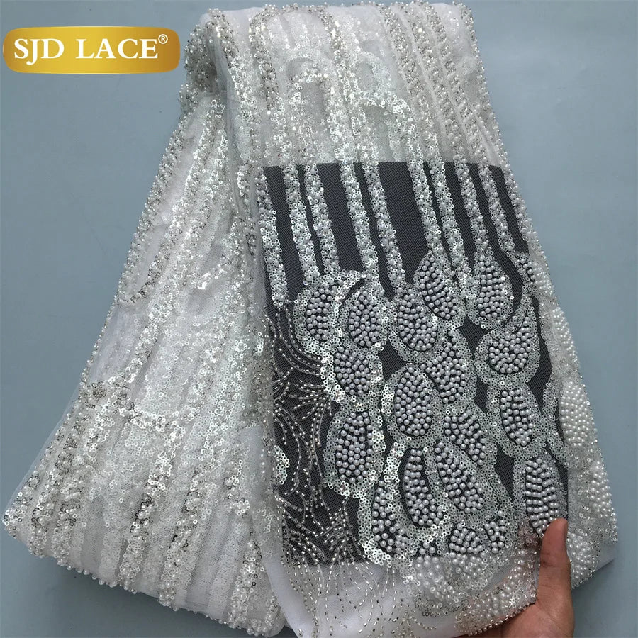 SJD LACE African Luxury Beads Mesh Lace Fabrics Nigerian Tulle 2025 French Tulle Beaded Net Lace for Women Evening Dresses A4034