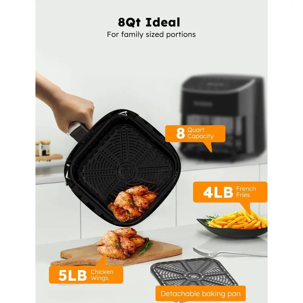 8 Qt Digital Air Fryer with 5 Cooking Functions, 100 Presets, 50 Memory, 3 Wattages, Cool White Display, 50°-400° Precise Temper