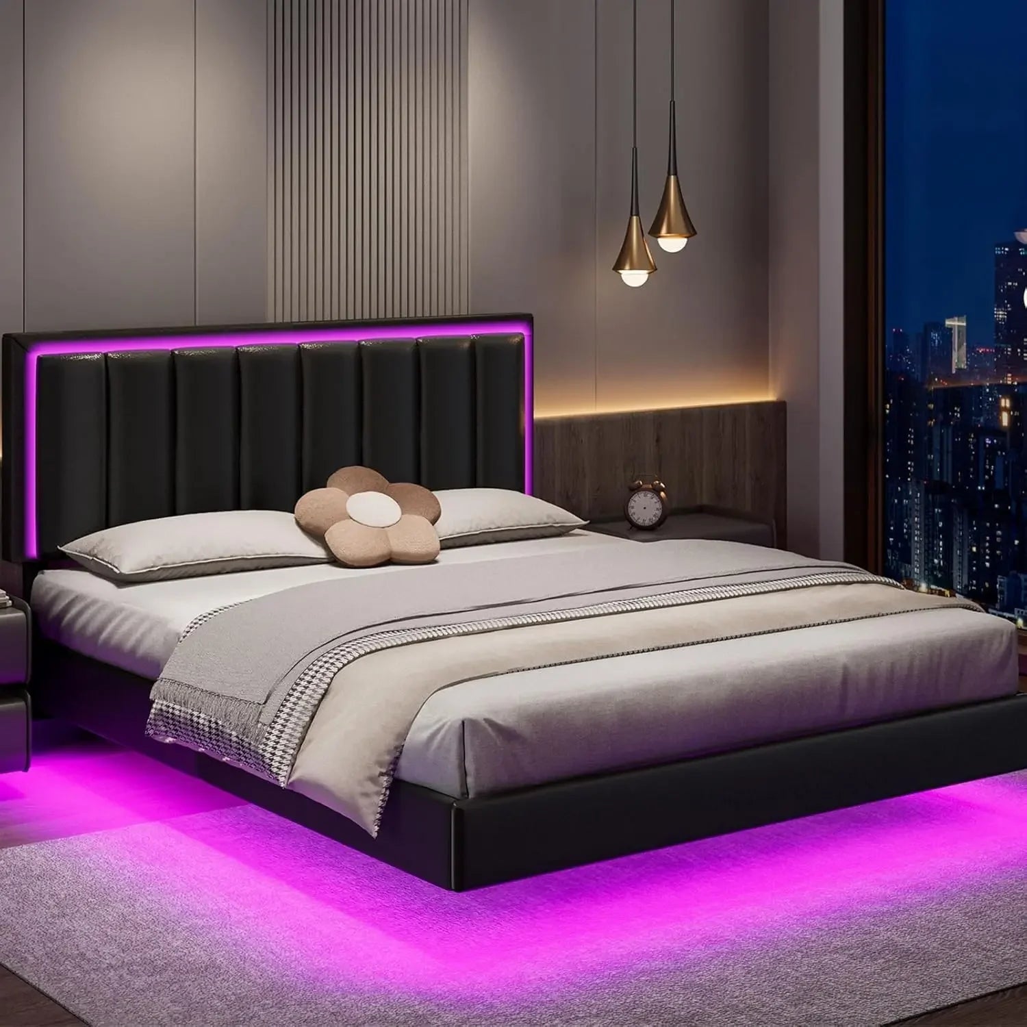 Bed Frame, Upholstered Bed Frame Queen Size with Headboard, RGB LED Ligths, Solid Wood Slats Support, No Box