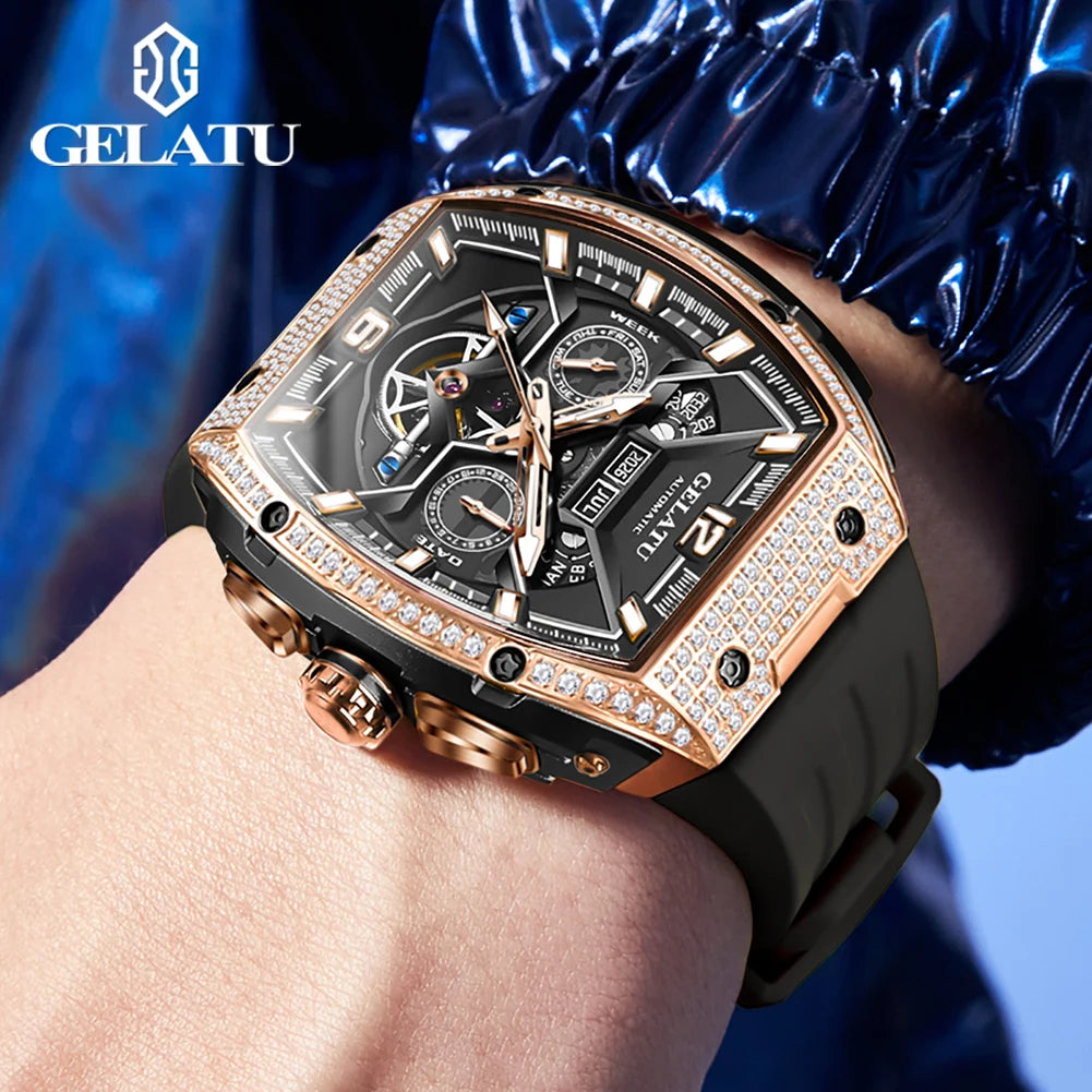 GELATU 6016 Skeleton Flywheel Automatic Men Watch Original Waterproof Silicone Strap Luxury Brand Diamond Men Mechanical Watch