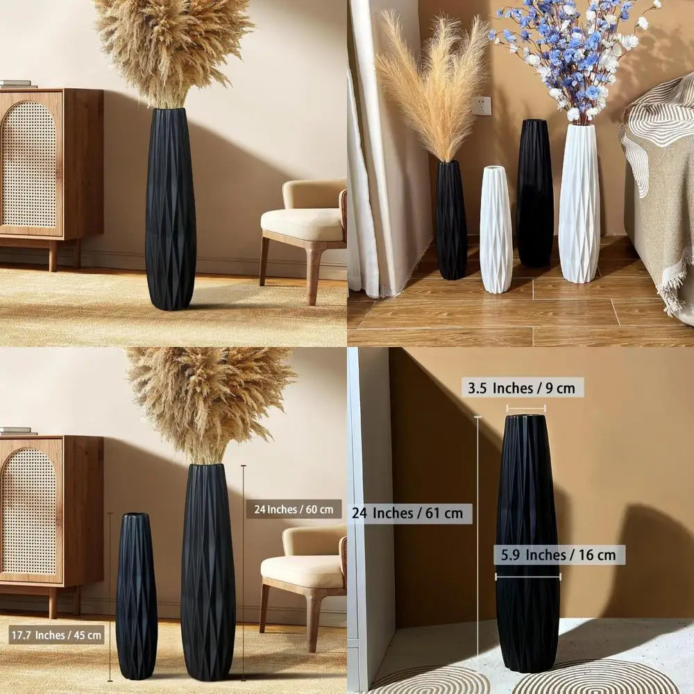 Large 24 Inch Black Matte Floor Vase - Modern Minimalist Home Decor for Living Room with Pampas Grass Arrangement