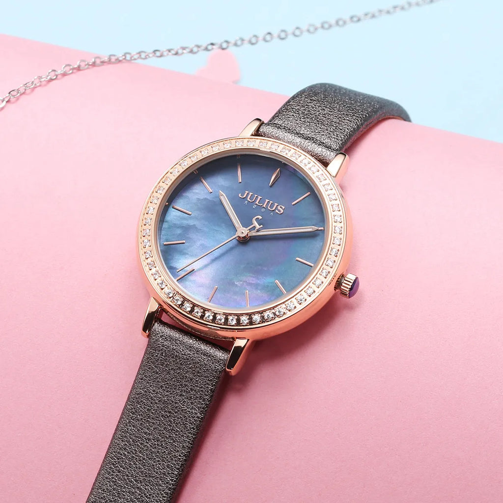 Mother-of-pearl Julius Lady Women's Watch Japan Movt Elegant Fashion Hours Clock Real Leather Bracelet Girl's Birthday Gift Box