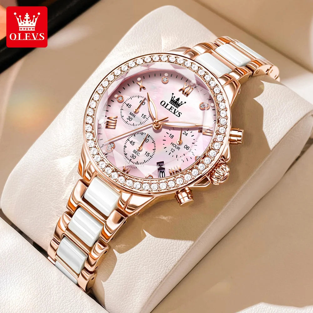 OLEVS 9999 Women Watch Brand Original Elegant Waterproof Chronograph Luxury Ceramic Dress Pink Women Quartz Watch Reloj Mujer