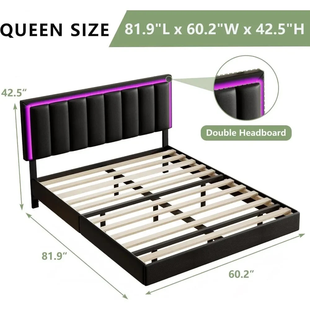 Bed Frame, Upholstered Bed Frame Queen Size with Headboard, RGB LED Ligths, Solid Wood Slats Support, No Box