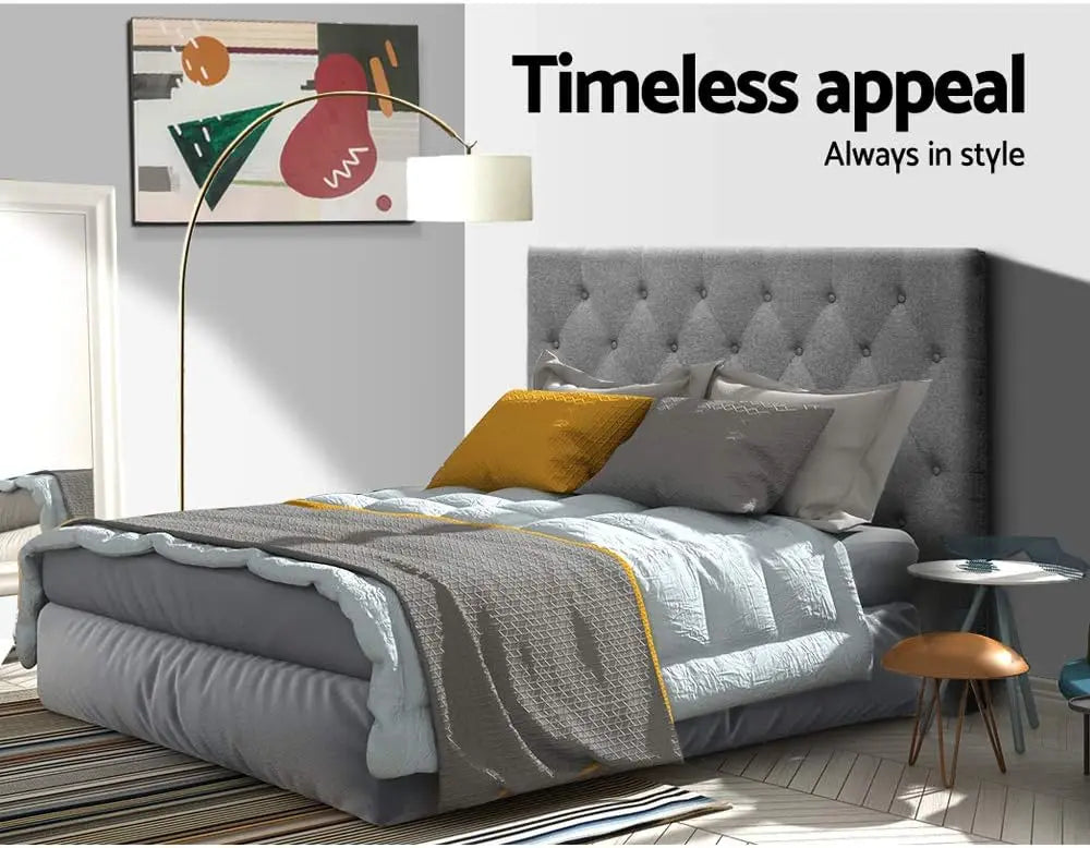 King Single Bed Headboard Headboards Tufted Beds Head Frame Base Upholstered with Grey Faux Linen Fabric Foam Wood, 116 x 120 x