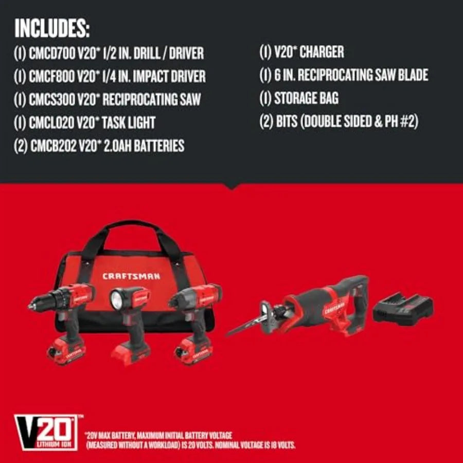 【Spot goods】V20 Cordless 4-Tool Power Tool Combo Kit with 2 Batteries and Charger CMCK400D2