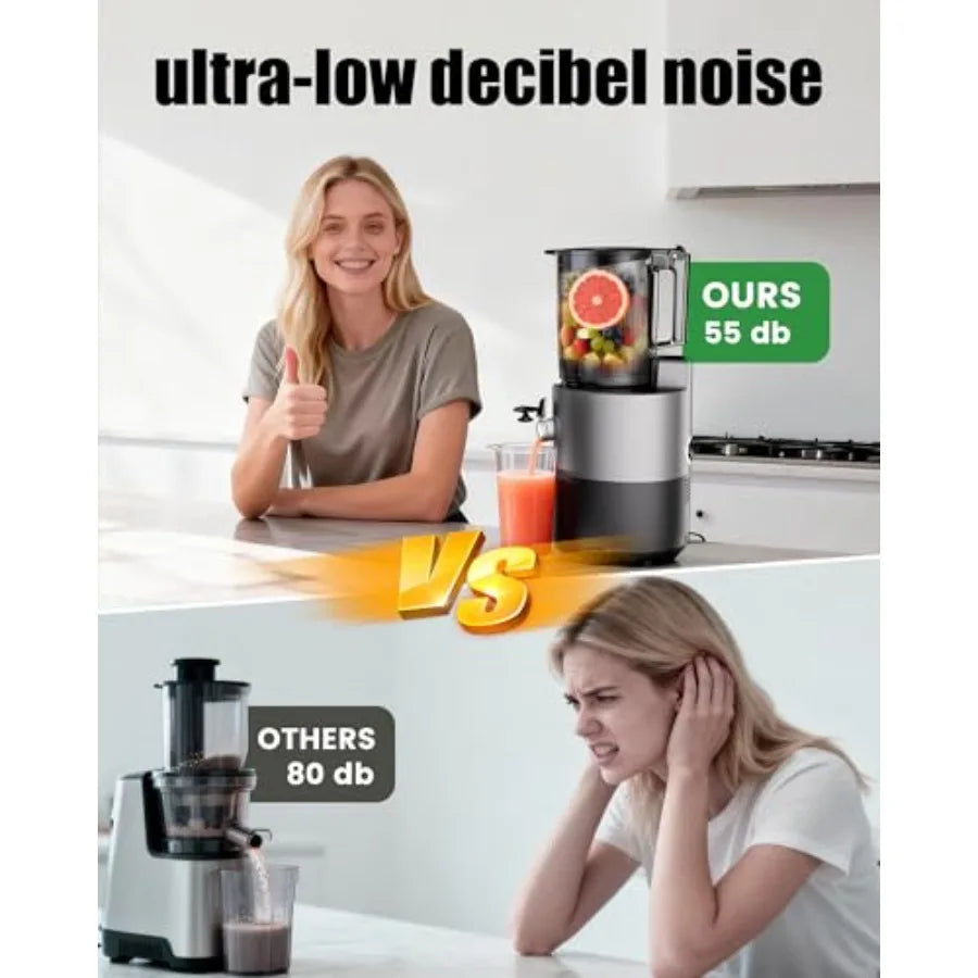 Cold Press Juicer for Home Use, Stainless Steel with Black Finish, 6 Wide Chute, 90oz Capacity, High Juice Yield, Quiet Operati