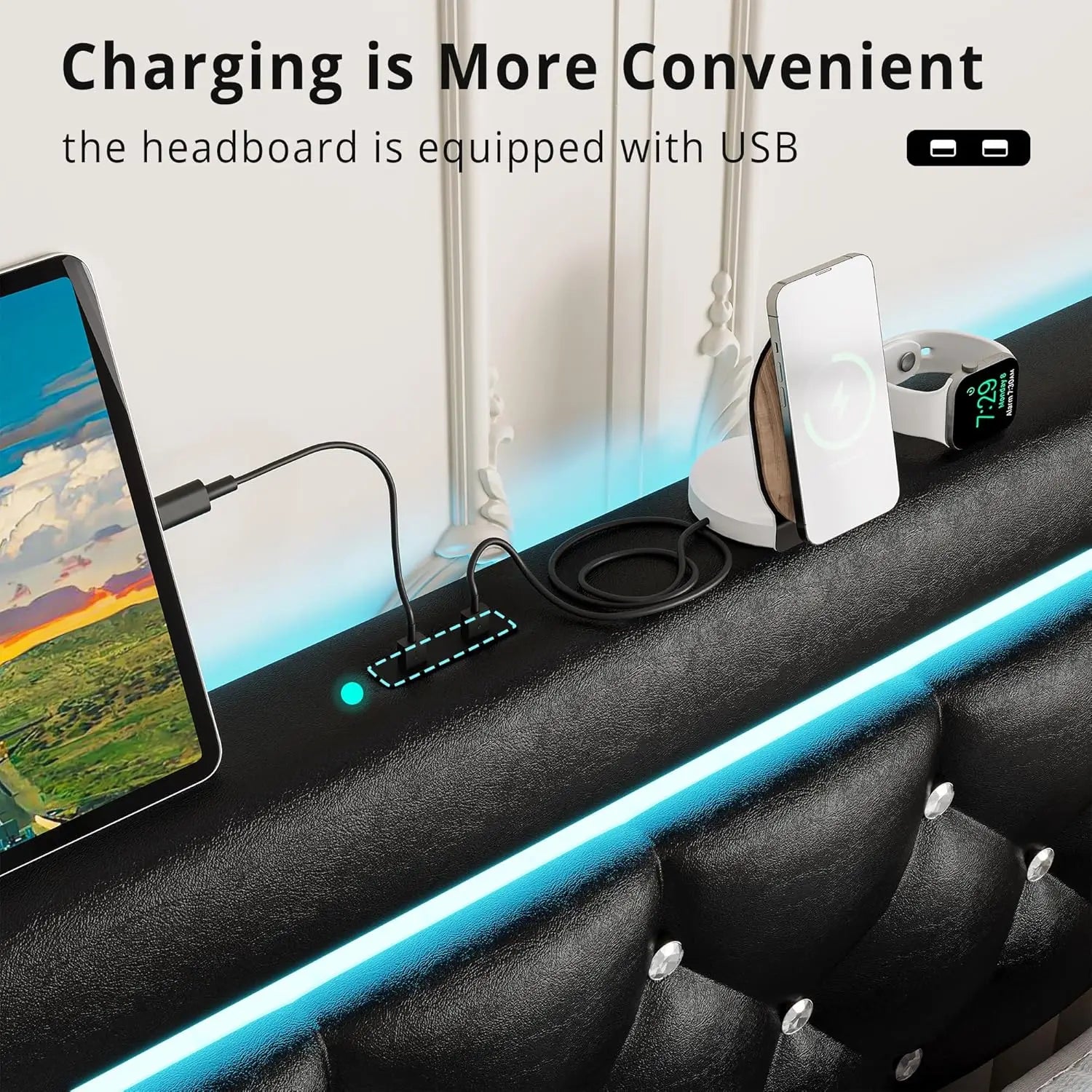 LIKIMIO Full Size Bed Frame with LED Light, PU Leather Platform Bed Frame with 4 Drawers, No Box Spring Needed, Black