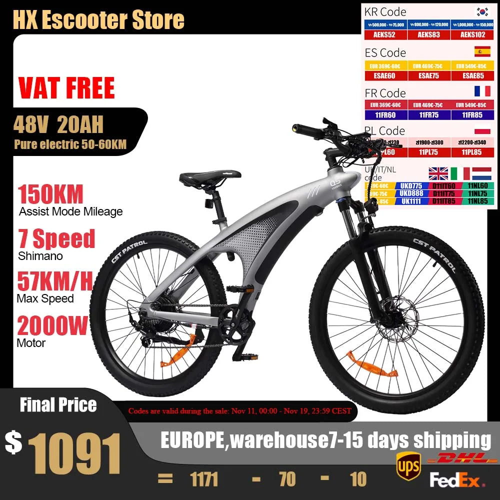HX Q5 Ebikes 2000W Adults Electric Bike 57KM/H Electric Bicycle 27.5 Inch Removable battery Electric E Bikes Mountain Ebike