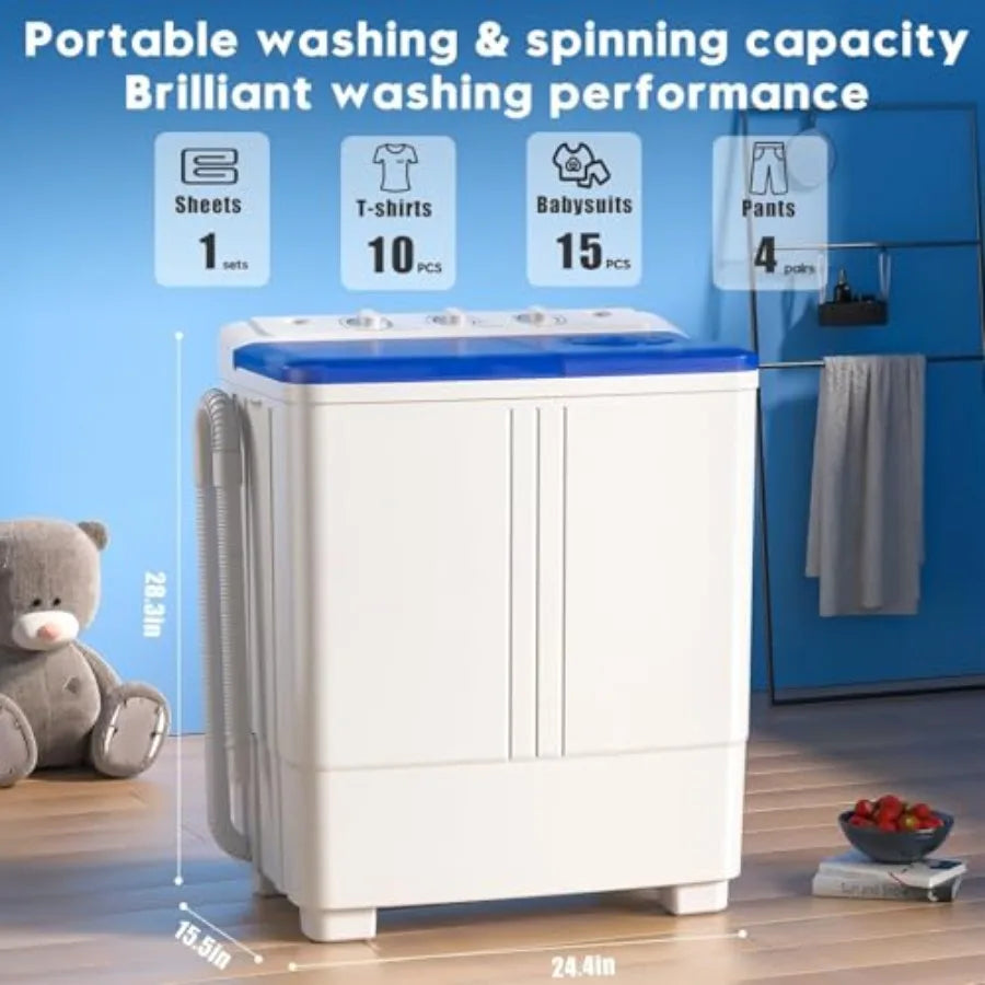Portable washer and dryer combo for apartment, RV, dorm laundry use; blue twin tub unit with 20 lbs capacity and 1.5 cu.ft drye