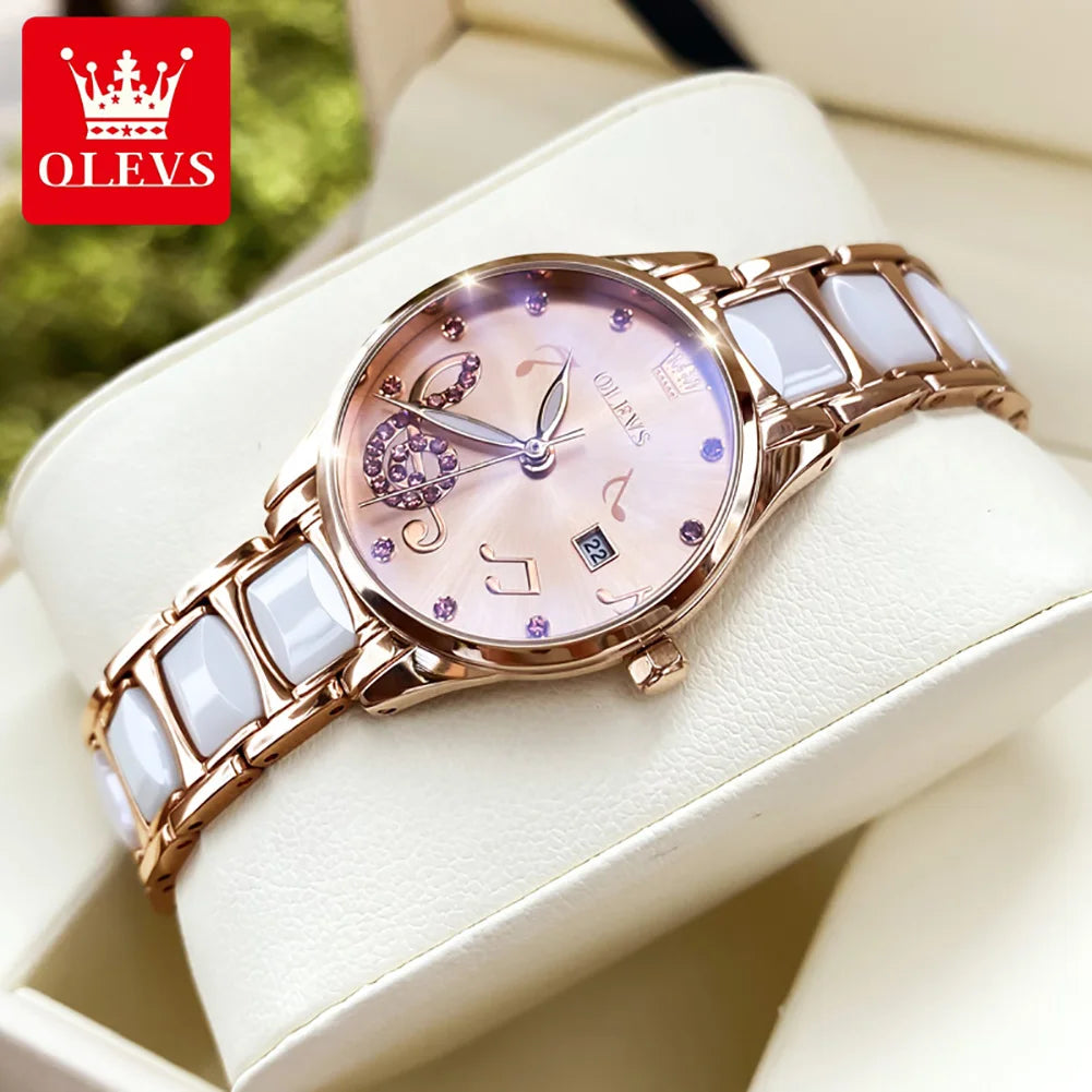 OLEVS 3605 Women Watch Top Brand High Quality Quartz Watch Exquisite Diamond Note Waterproof Dial Dress Ceramic Women Watch