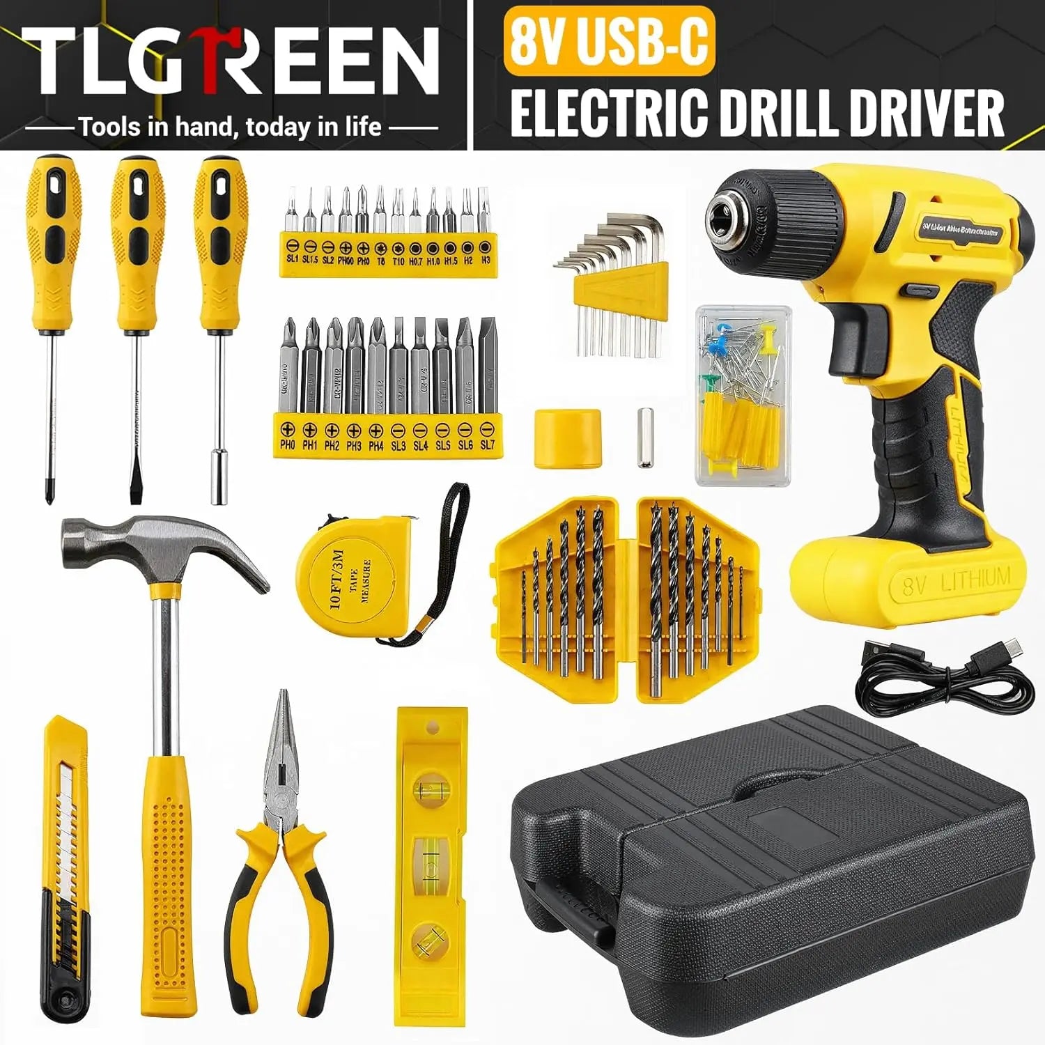 101Pcs 8V USB Electric Power Cordless Drill Driver DIY Tool Kit Set Screw Driver, Drill Bit Set Accessories, Pliers and Hammer