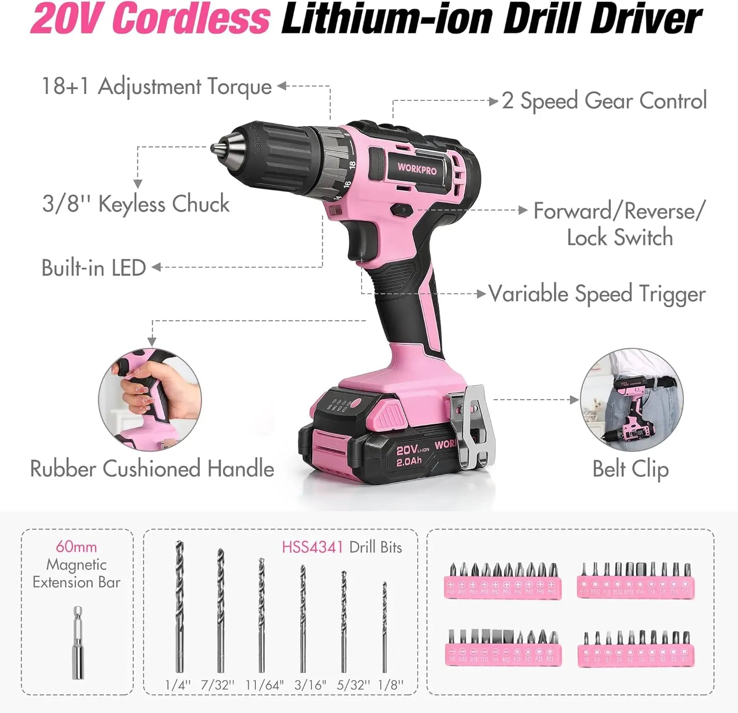 Pink Tool Kit with 20V Cordless Drill, 157PCS Home Repair Set for Women, Includes Storage Bag