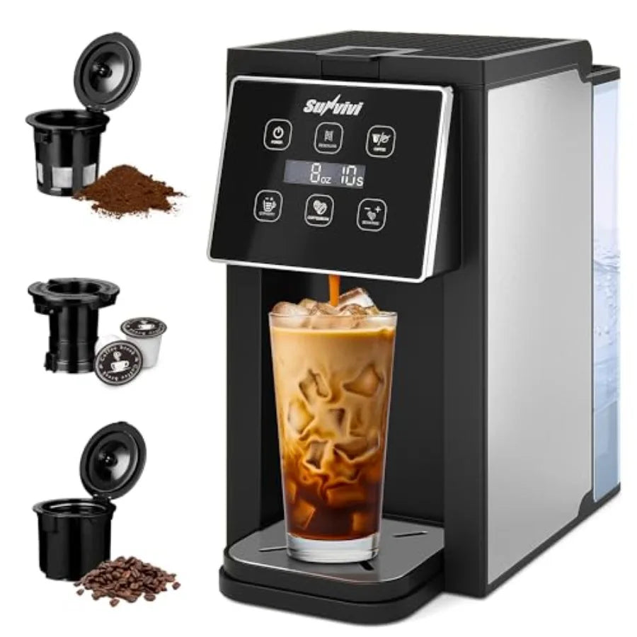 Coffee Maker with Grinder for Home Office Use, Stainless Steel Black/Silver, 3-in-1 Capsule/Ground/Tea Brewing, 614 Oz Cup, 50