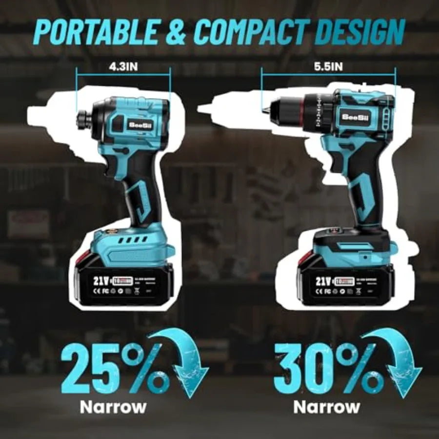 【Spot goods】21V Max Cordless Drill and Impact Driver Power Tool Combo Kit Included 3/8'' Drill and 1/4'' Impact Driver 2x 4000m